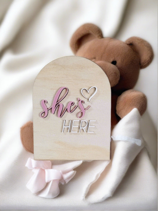 Shes Here announcement plaque