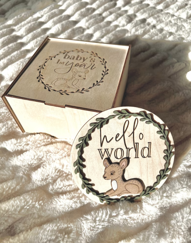 Cute Woodland Deer Baby Monthly Milestones Disc Rounds With Custom Box Laser| Woodland Themed Nursery