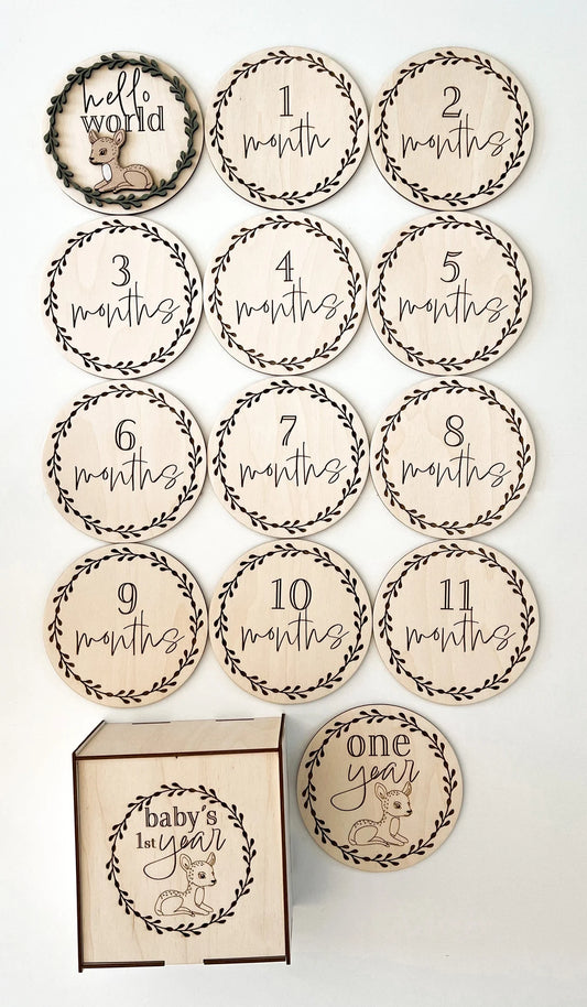 Cute Woodland Deer Baby Monthly Milestones Disc Rounds With Custom Box Laser| Woodland Themed Nursery - Peek A Boo Designs
