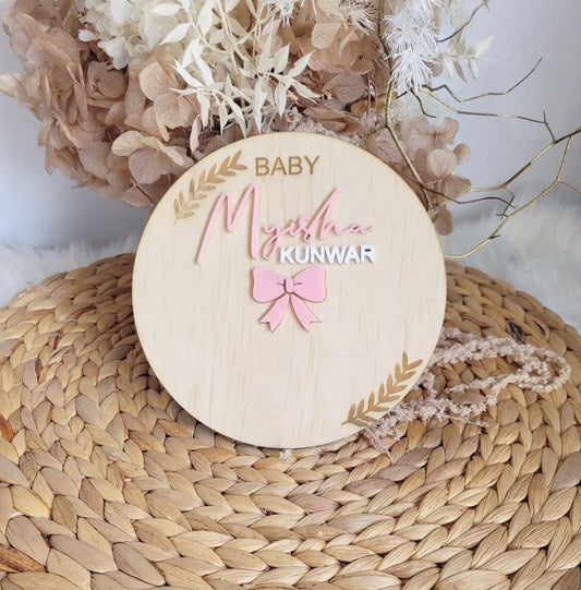 Baby Girl Bow Birth Foot print Announcement Plaque